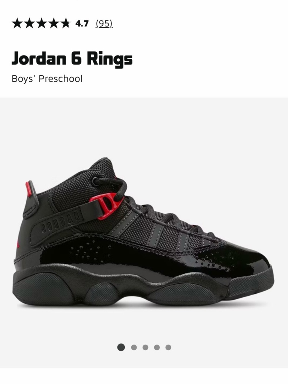 Jordan 6 Rings Boys' Sneaker in Black and Red
